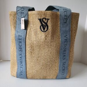 New! Victoria's Secret‎ Straw Summer Logo Beach Tote Bag NWT $50 Minimalist